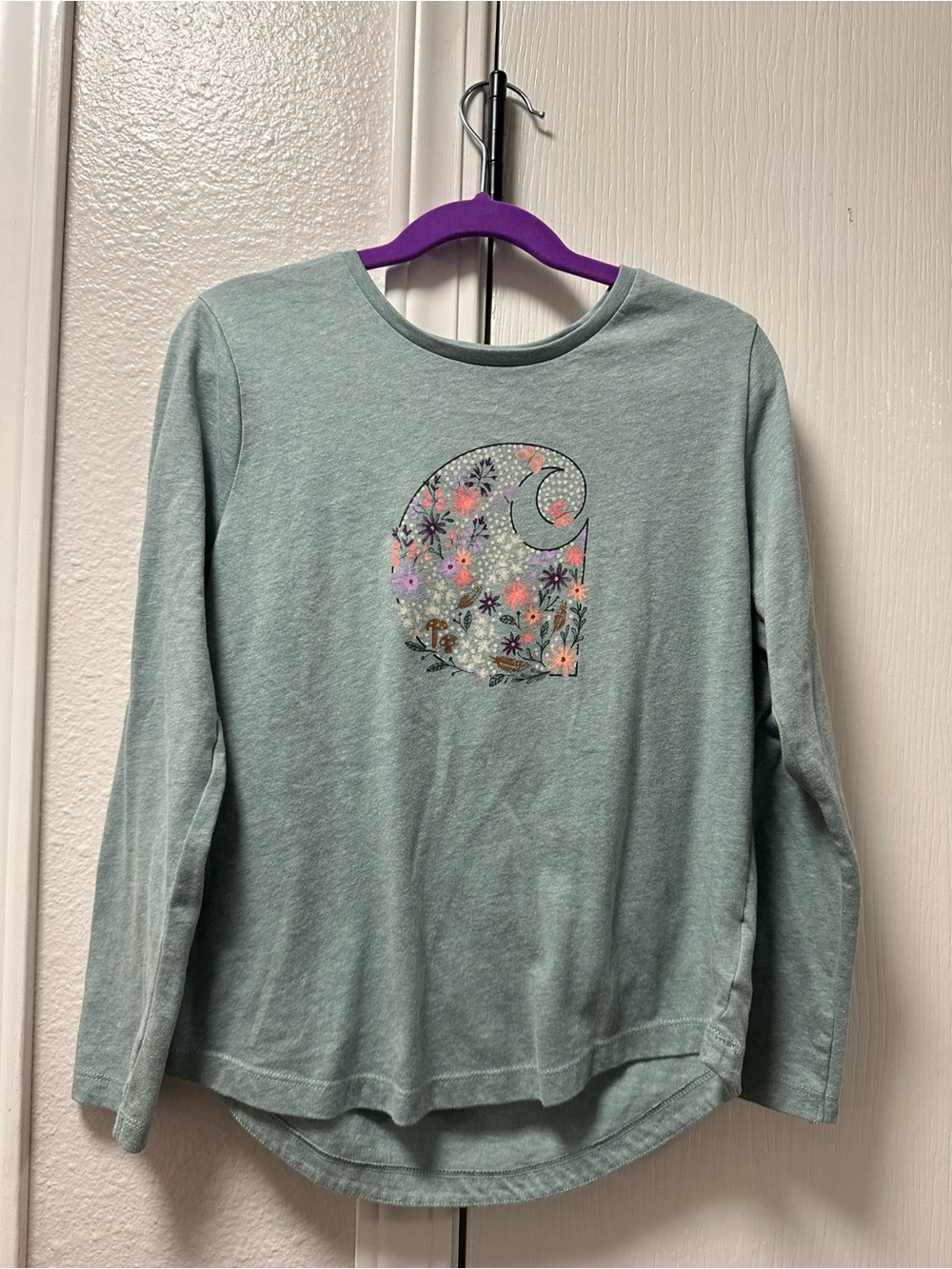 Carhartt Girls' Sage Green Long-Sleeve Tee with Floral Wave Graphic